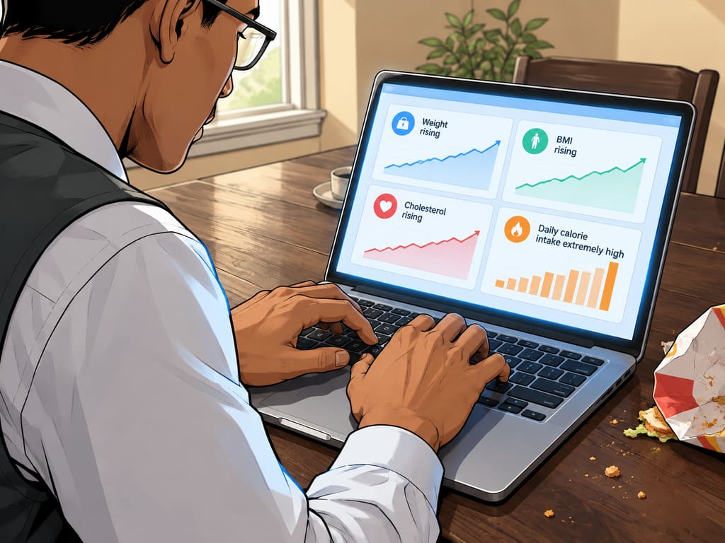 Datagedreven afvallen........ of niet? — page 2 panel 2: The dashboard expands into a polished control center, adding BMI, cholesterol, and daily calories to the rising weight line.