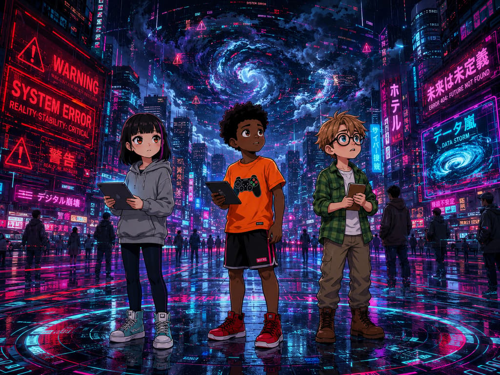 The Digital Defenders: CIVIX Adventure: página 2, viñeta 3: The digital landscape shifts, becoming darker and turbulent, with swirling data clouds resembling a storm. The friends look around nervously.