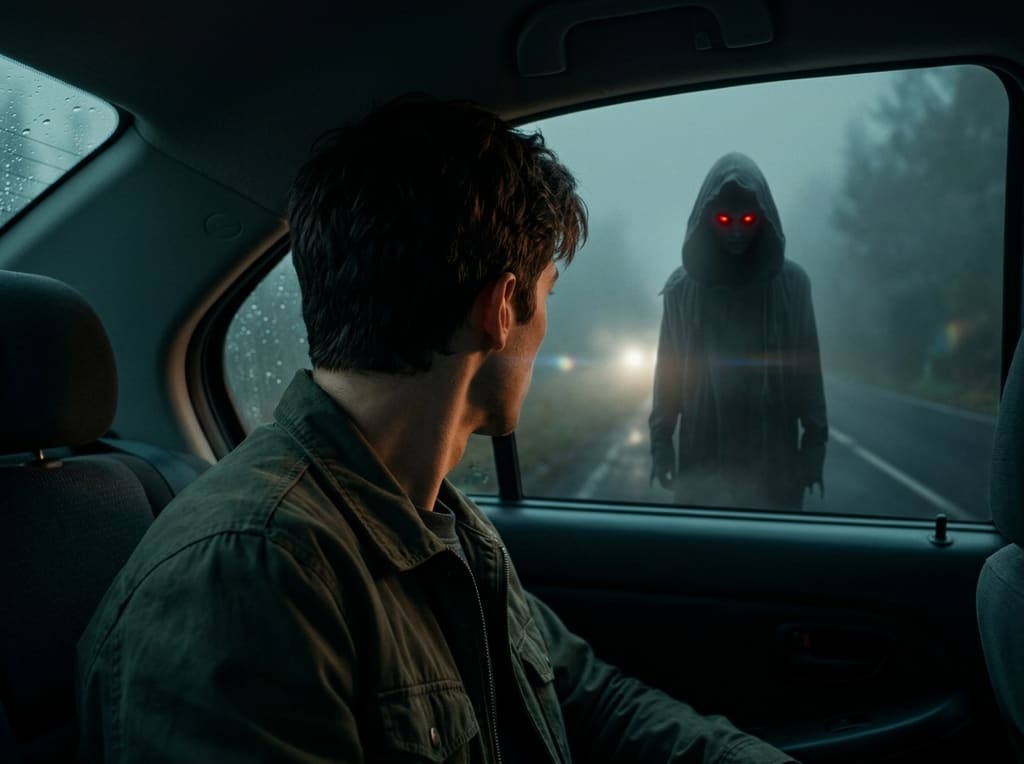 Things That Wait — page 2 panel 3: Over-the-shoulder shot from inside the car as it speeds away. Through the side window, the hooded figure is slowly turning its head to watch the car depart.
