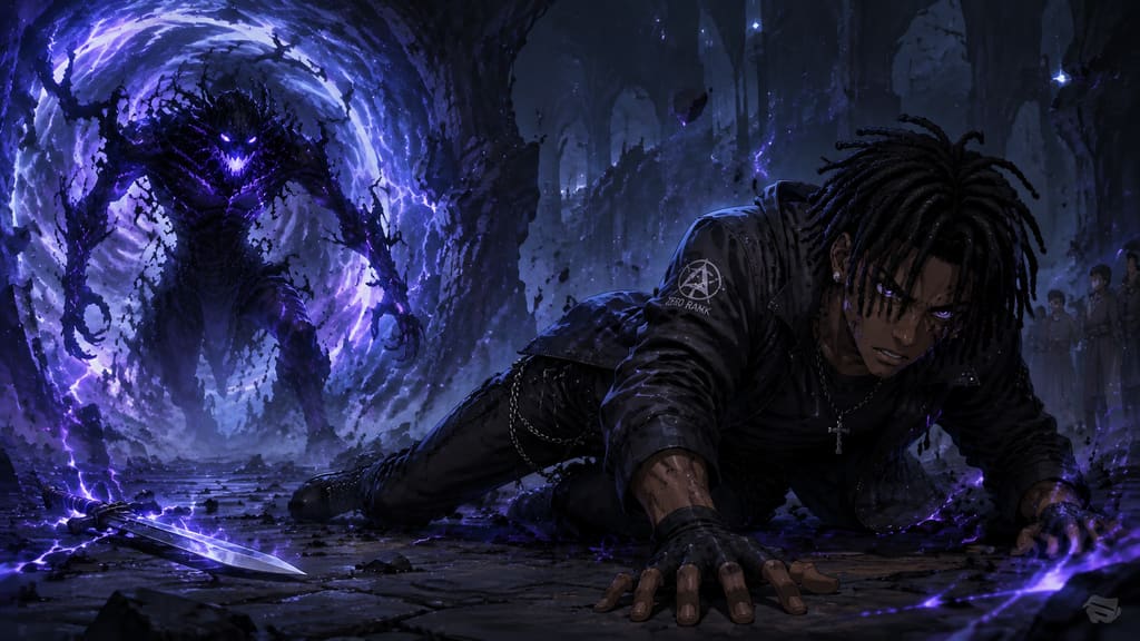 ZERO RANK — Episode 1: Rank Zero — page 2 panel 3: The monster overwhelms Malik. He crashes across the cavern floor, exhausted and unable to match its strength.
