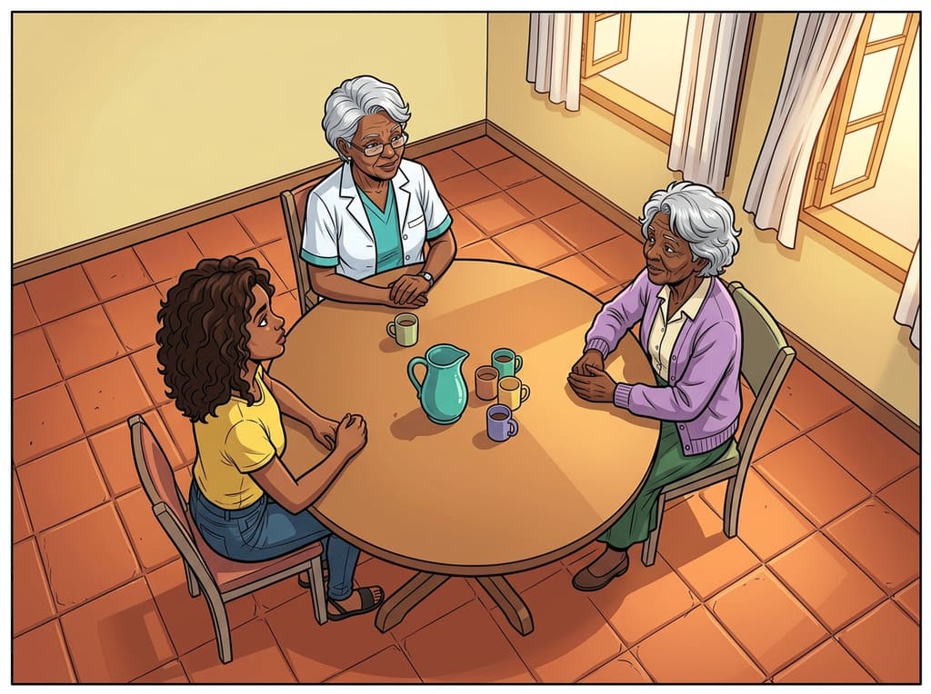 Renascer: Cuidar de Si Também é Viver — page 2 panel 3: Jennifer pergunta sobre câncer de mama com o pouco conhecimento que tem. Lucília confirma que também conhece apenas o caroço.