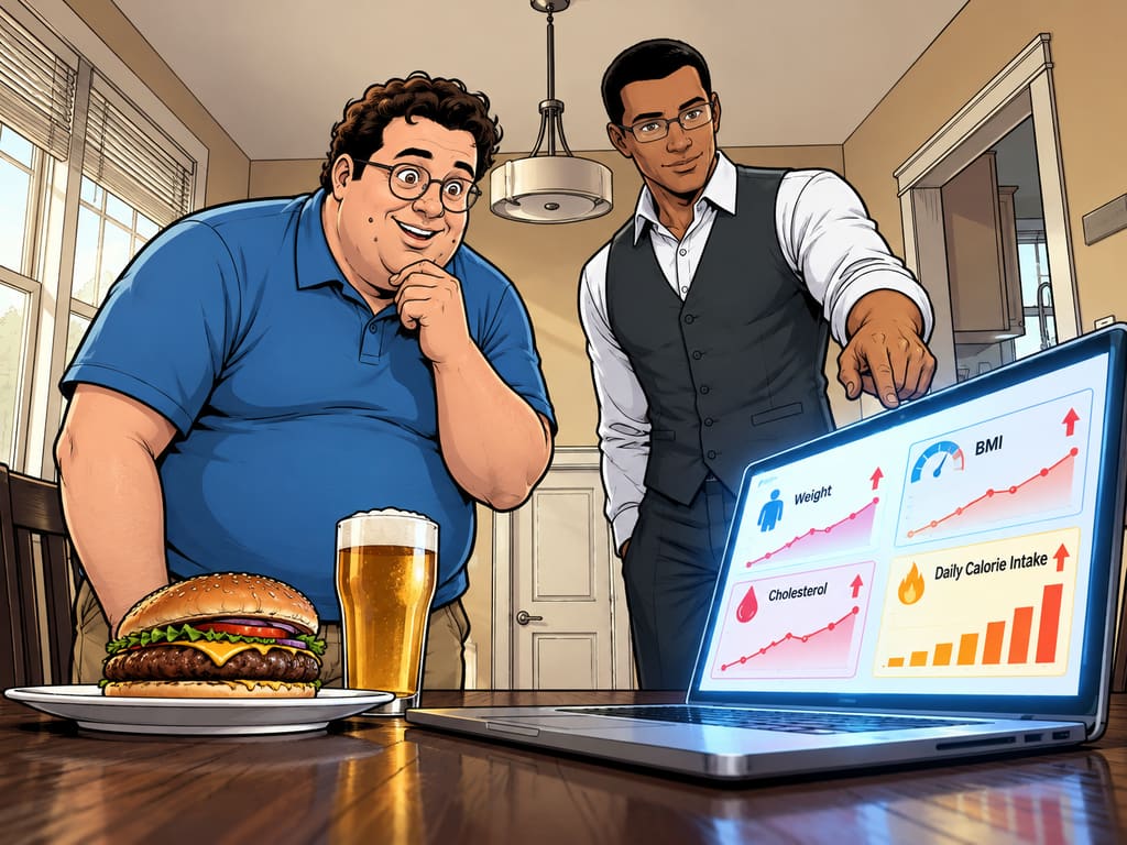 Datagedreven afvallen........ of niet? — page 2 panel 3: The complete dashboard gleams beautifully while every metric points upward; Martin admires it as though he has discovered a breakthrough.