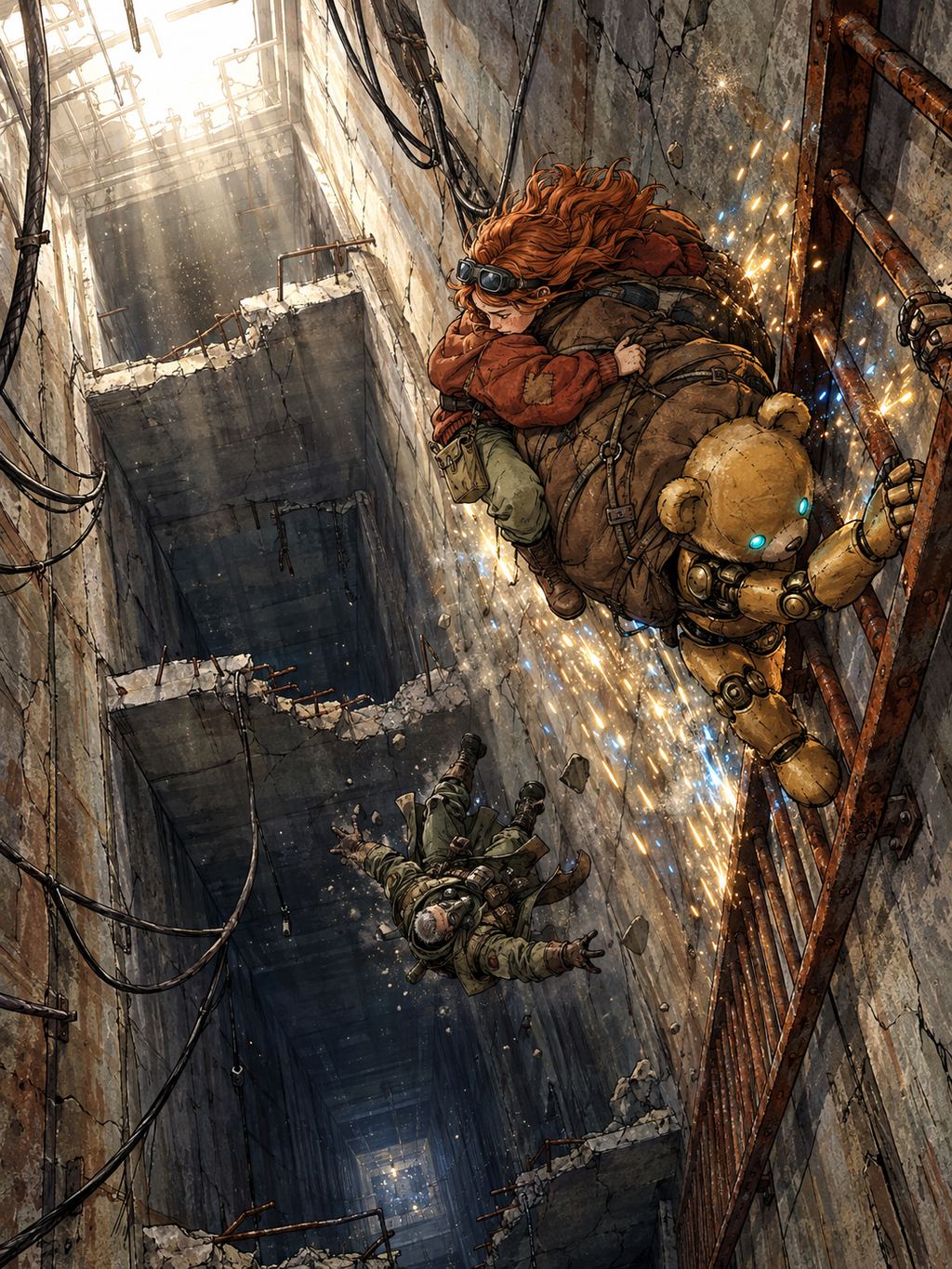 Ivy dans le paysage post-apocalyptique — page 33 panel 1: Ivy et Ted dévalent toujours le conduit vers les profondeurs de la tour. Ted glisse le long de l’échelle en retenant Ivy, tandis qu’elle agrippe fermement le sac marin intact rempli de provisions. Une traînée scintillante d’étincelles et de poussière s’étire derrière eux. Soudain, Pillard au masque passe à leur hauteur en gesticulant et en hurlant, les dépasse dans la chute, puis s’écrase au fond du conduit.
