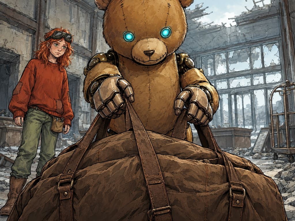 Ivy dans le paysage post-apocalyptique — page 34 panel 2: Ted se penche et hisse l’énorme sac marin rempli de provisions sur son dos. Le sac est deux fois plus grand que lui, mais ses bras mécaniques le soulèvent sans hésitation.