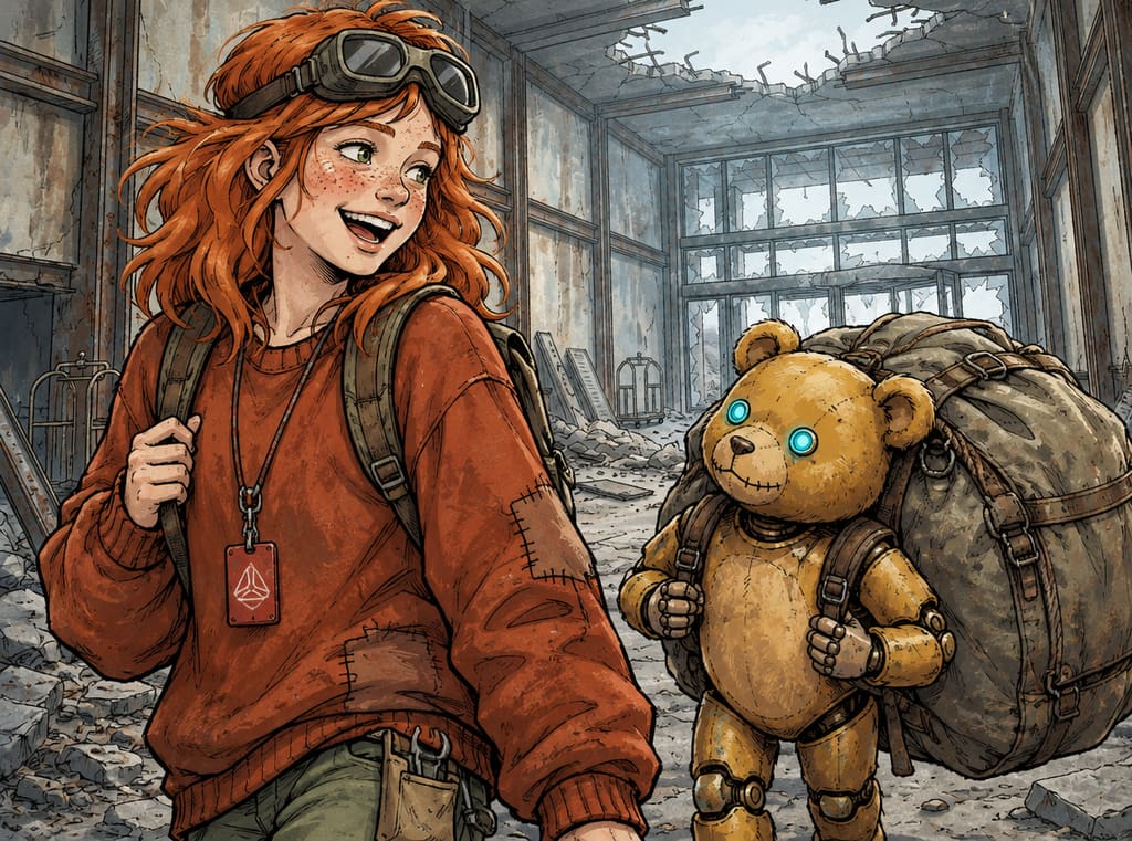 Ivy dans le paysage post-apocalyptique — page 34 panel 3: Le sac marin est maintenant solidement installé sur le dos de Ted. Ivy se relève à côté de lui, sa carte magnétique rouge visible contre sa poitrine, et éclate de rire en voyant leur étrange victoire.