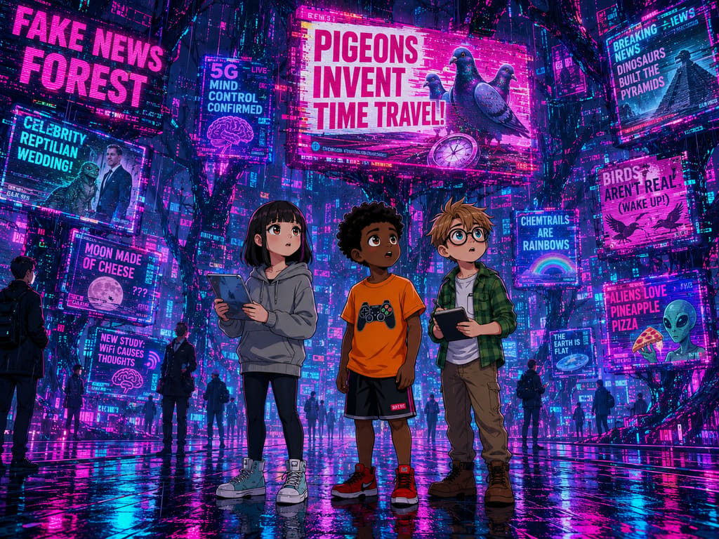 The Digital Defenders: CIVIX Adventure: página 3, viñeta 1: The digital world transforms into a dense 'Fake News Forest' with glowing, distorted headlines floating everywhere. One particularly absurd headline catches their eye.