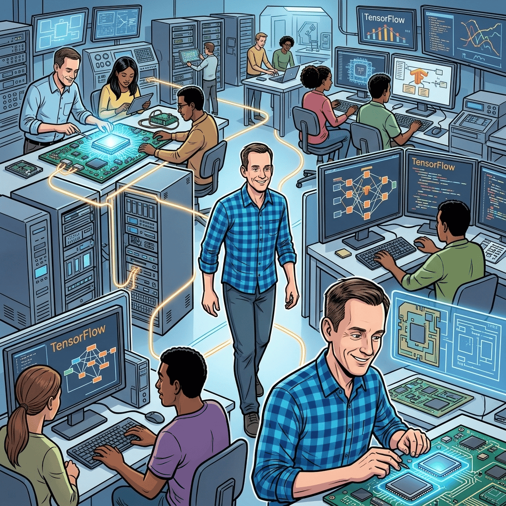 The Man Who Built Google's Brain — page 3 panel 1: A montage shows Google Brain's team building TensorFlow and TPU chips, turning deep learning into practical tools for millions of developers.
