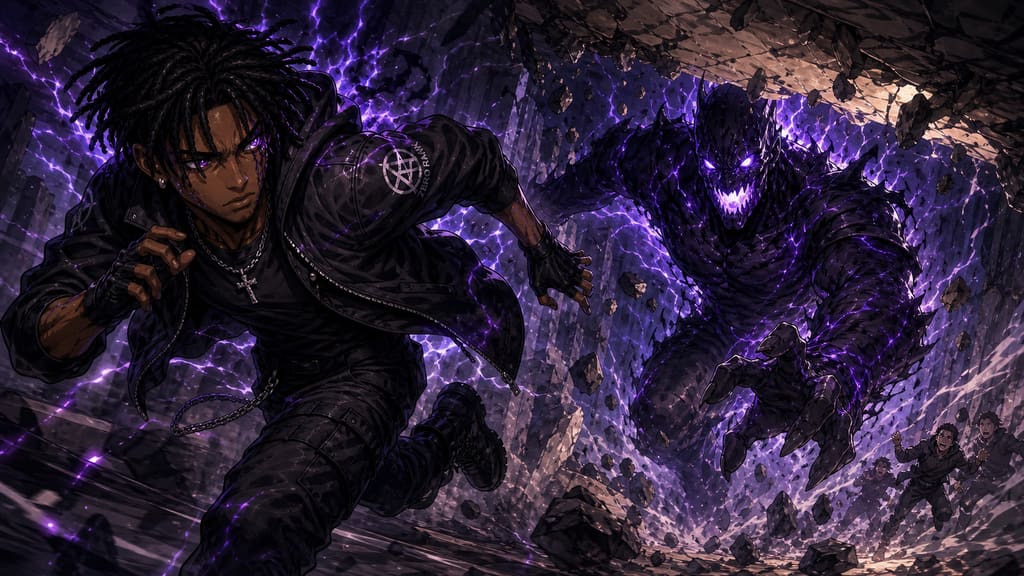 ZERO RANK — Episode 1: Rank Zero — page 3 panel 1: Malik dodges instead of overpowering the monster, luring it beneath a fragile rock shelf. His movements are clumsy but purposeful.