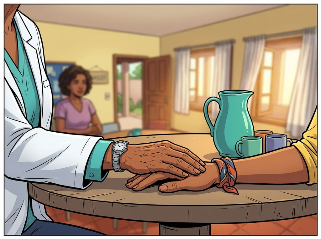 Renascer: Cuidar de Si Também é Viver — page 3 panel 1: Terezinha segura a mão de Jennifer. O gesto transforma o medo individual em uma experiência compartilhada por muitas mulheres.