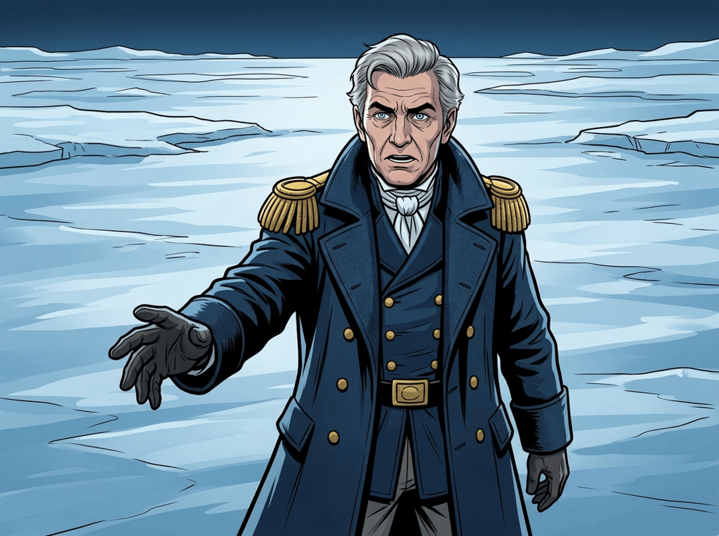 The Man Who Outlived the Ice — page 3 panel 2: Franklin extends a gloved hand towards the vast, indifferent ice, an act of desperate defiance, attempting to bargain with the elemental force that has trapped him.