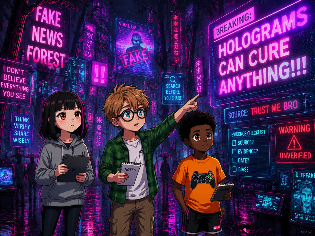 The Digital Defenders: CIVIX Adventure: página 3, viñeta 2: Sam, with his analytical mind, points to the absurd headline and explains how to check sources, dates, and evidence, highlighting the lack of credible information.
