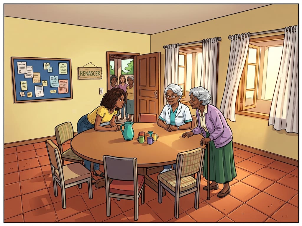 Renascer: Cuidar de Si Também é Viver — page 3 panel 2: Terezinha explica que procurar cedo ajuda. Jennifer escuta com atenção; Lucília deixa os braços descruzarem.