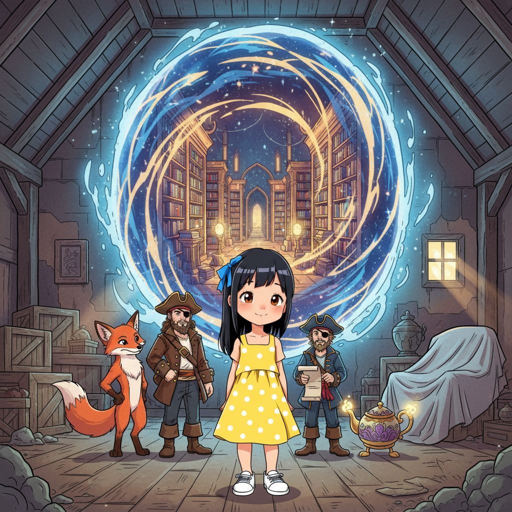 The Weaver of Worlds — page 3 panel 3: Emma stands, looking out at the now fully restored and shimmering Library of Worlds, visible through a magical portal that has opened in the attic. It's a breathtaking sight, pulsing with life and countless stories. She feels a profound sense of accomplishment.