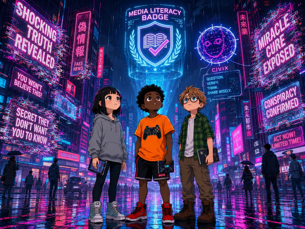 The Digital Defenders: CIVIX Adventure: página 3, viñeta 3: Working together, the trio uses their combined critical thinking to debunk the fake news. The misleading headlines around them flicker and fade. CIVIX awards the 'Media Literacy Badge.'