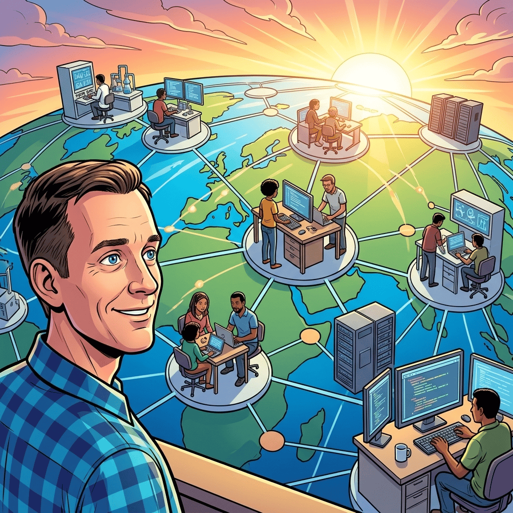 The Man Who Built Google's Brain — page 3 panel 3: A vast network of developers and researchers uses the tools Jeff Dean helped create. His influence stretches far beyond the original startup office.