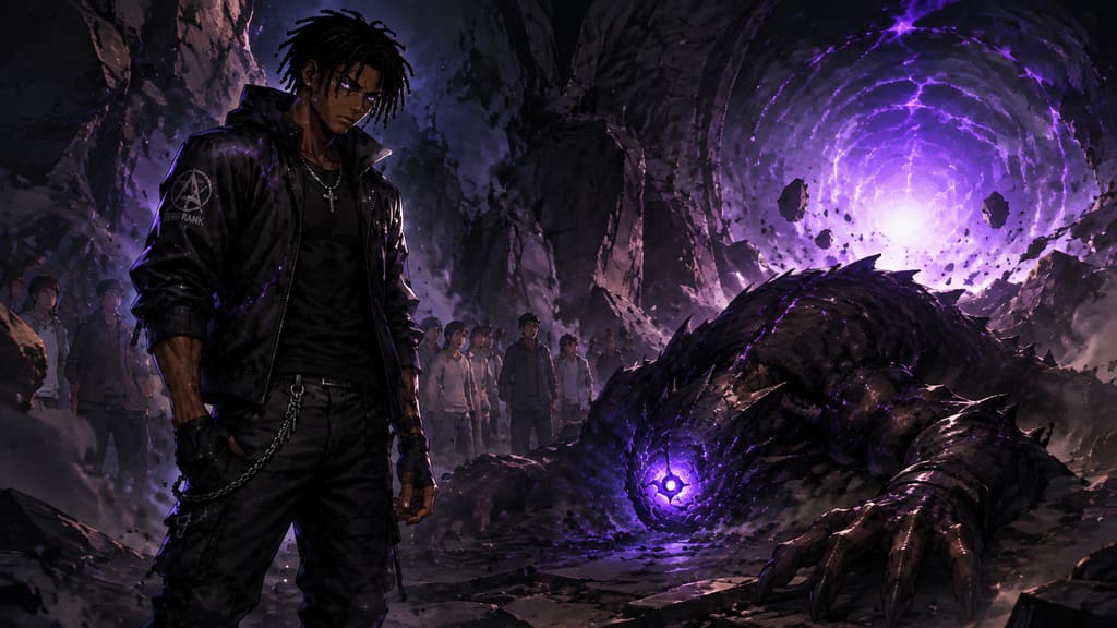 ZERO RANK — Episode 1: Rank Zero — page 3 panel 3: The monster falls. Malik remains frozen for one breath, then realizes he has survived and defeated it.