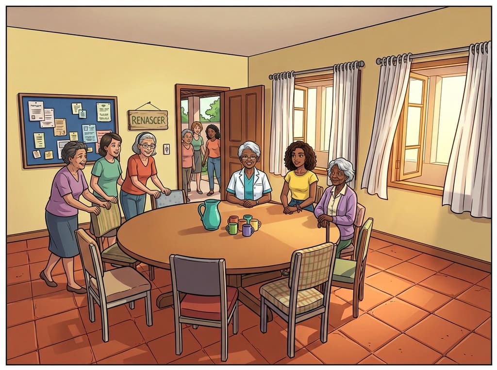 Renascer: Cuidar de Si Também é Viver — page 3 panel 3: Mulheres do Renascer começam a se aproximar da porta. A roda cresce, e a sala deixa de ser um espaço de vergonha para virar espaço de conversa.