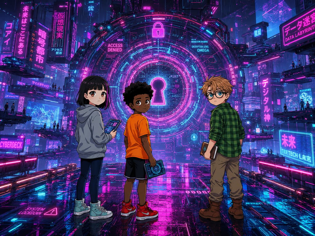The Digital Defenders: CIVIX Adventure: página 3, viñeta 4: The landscape shifts again, revealing a massive, intricate digital lock blocking their path. Its glowing keyhole pulses with complex patterns.