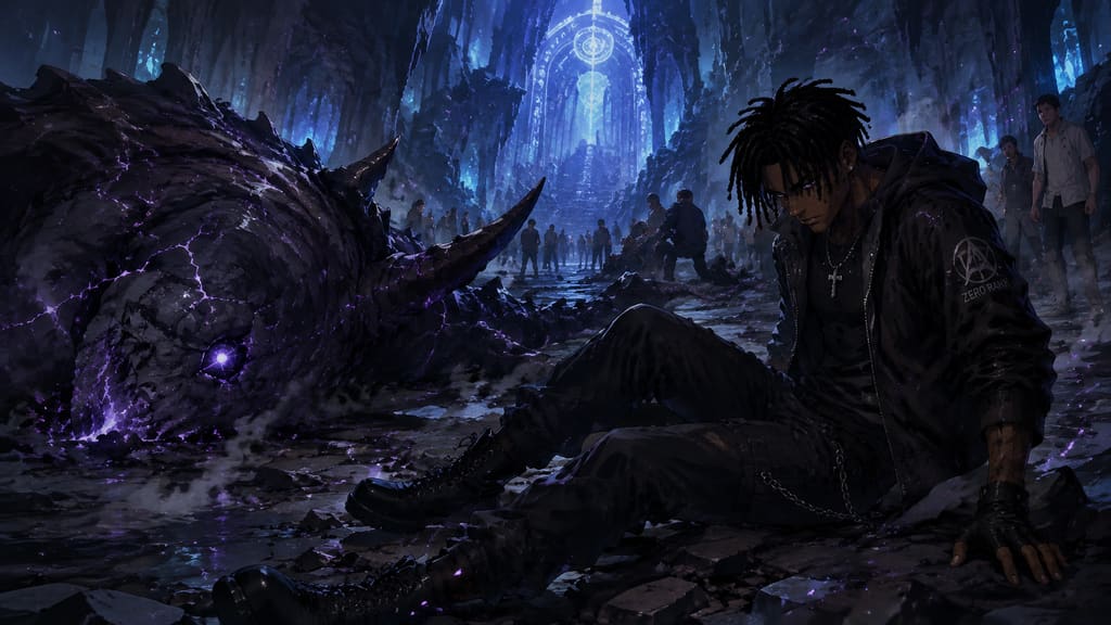 ZERO RANK — Episode 1: Rank Zero — page 3 panel 4: Malik collapses beside the defeated monster. The cavern becomes quiet again, and he believes the nightmare is finally over.