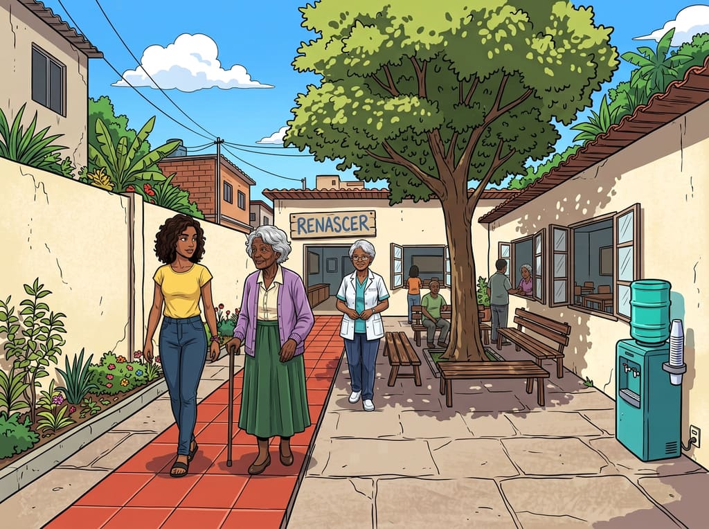 Renascer: Cuidar de Si Também é Viver — page 3 panel 4: A nova roda se espalha para o pátio. Jennifer permanece ao lado de Lucília, que agora caminha com menos isolamento.