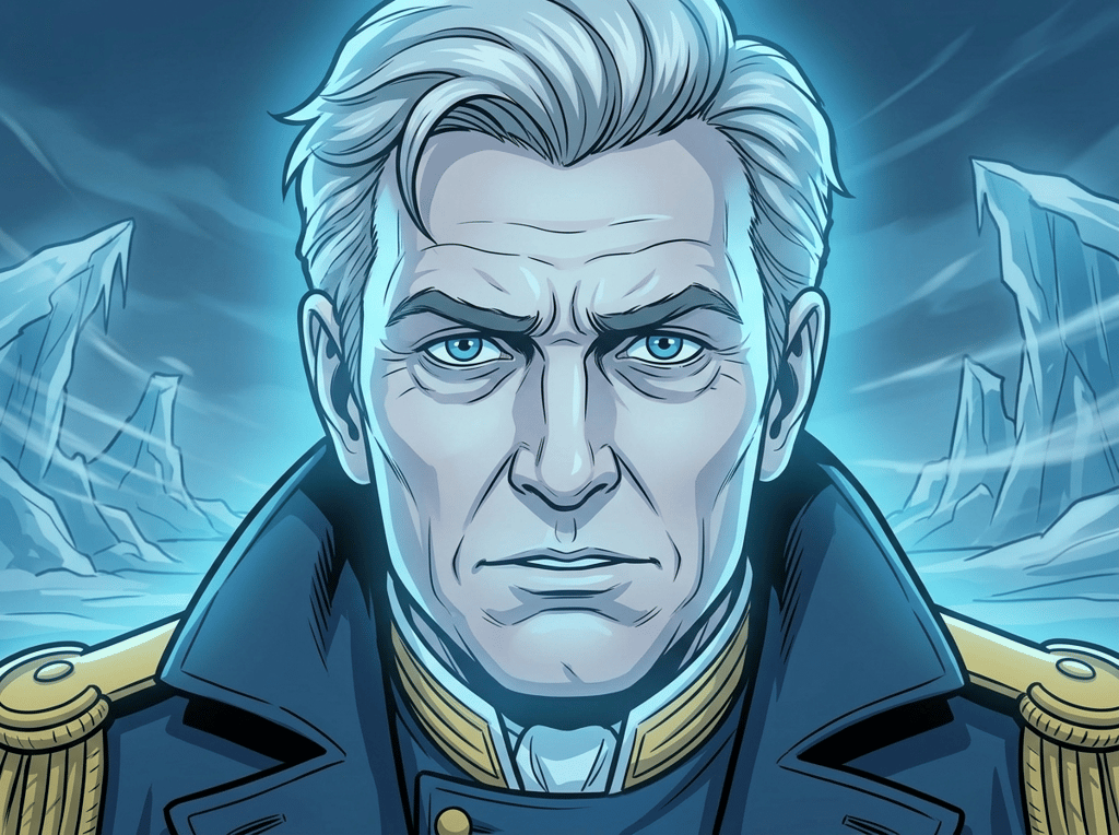 The Man Who Outlived the Ice — page 3 panel 5: A close-up on the ghostly Sir John Franklin's face, a look of slight confusion and stubbornness, still searching, still refusing to believe he is truly lost.