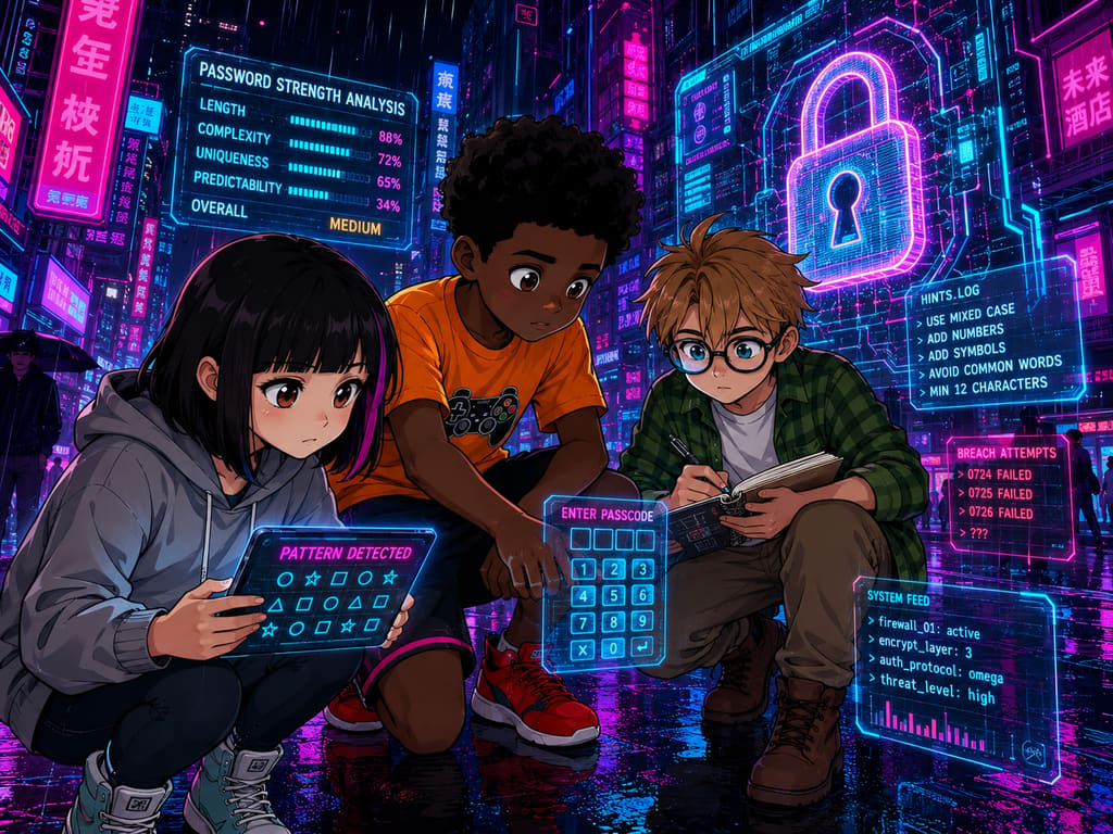 The Digital Defenders: CIVIX Adventure: página 3, viñeta 5: Clues appear around the lock, cryptic symbols and phrases about password strength. The trio huddles, brainstorming, Sam taking notes, Maya analyzing patterns, Jordan trying different combinations.