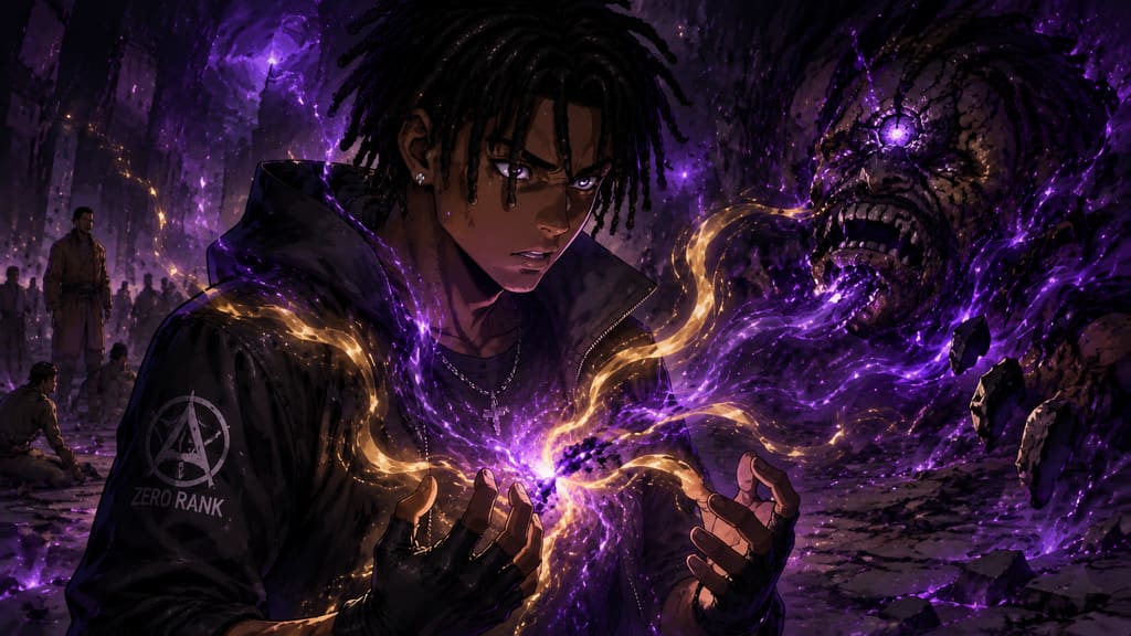 ZERO RANK — Episode 1: Rank Zero — page 3 panel 5: Energy begins leaving the defeated monster and flows into Malik. He opens his eyes as luminous currents spiral into his body.