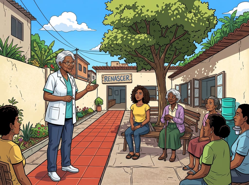 Renascer: Cuidar de Si Também é Viver — page 3 panel 5: Sentadas em roda, as mulheres se voltam para Terezinha. O medo ainda existe, mas agora pode ser dito em voz alta.