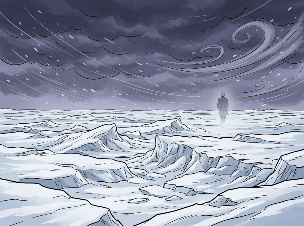 The Man Who Outlived the Ice — page 3 panel 6: The final image: an immense, empty expanse of Arctic ice under a screaming wind. A faint, almost imperceptible figure (Franklin) continues his eternal, deluded walk into the white.