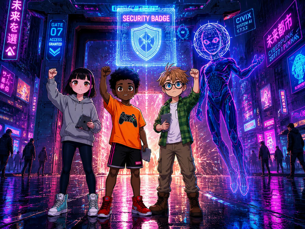 The Digital Defenders: CIVIX Adventure: página 3, viñeta 6: With a final click, the massive digital lock disengages with a satisfying thrum. The gate behind it slides open. CIVIX awards them the 'Security Badge.'