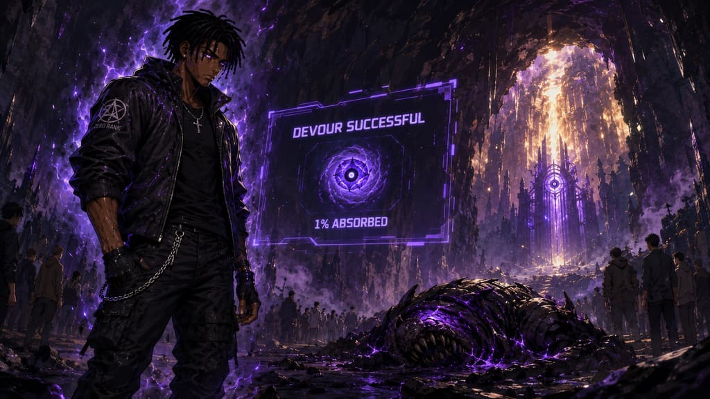 ZERO RANK — Episode 1: Rank Zero — page 3 panel 6: The system confirms the absorption. Malik rises in the cavern, still weak but changed, while the words DEVOUR SUCCESSFUL and 1% ABSORBED hover before him.