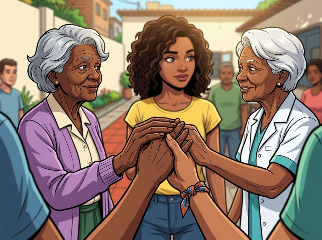 Renascer: Cuidar de Si Também é Viver — page 3 panel 6: Jennifer, Lucília e Terezinha permanecem juntas na roda. O encerramento não promete ausência de medo, mas garante que ninguém precise enfrentá-lo sozinha.