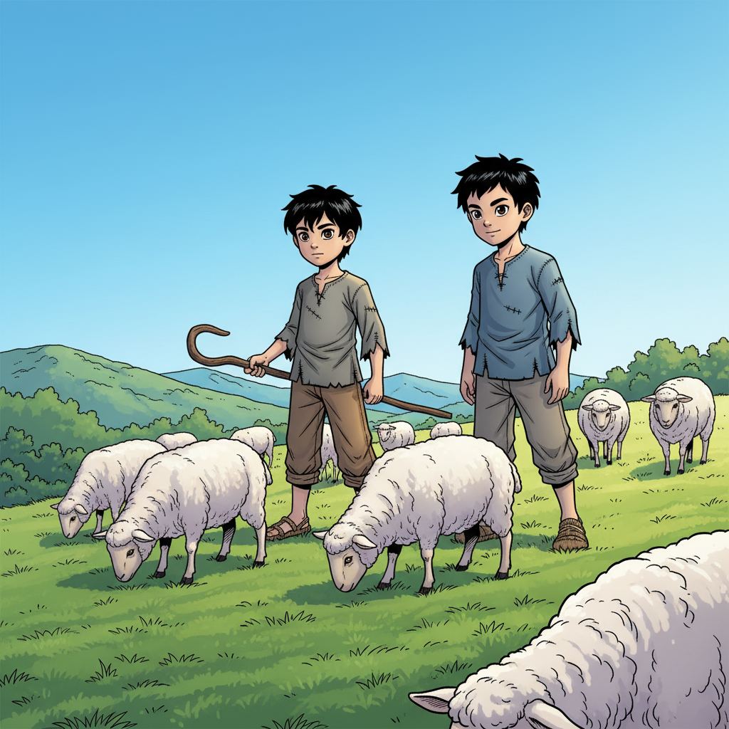 王二小智斗鬼子 — page 3 panel 1: 清晨的阳光洒满山坡，王二小和小明像往常一样，赶着羊群在草地上悠闲地吃草。王二小眼神中带着一丝沉思，而小明则显得更为放松，不时地哼着小曲。