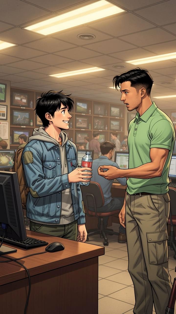 赵明的夏天 — page 3 panel 1: 赵明的朋友小李来到网吧看他,递给他一瓶水,眼神中带着关心。