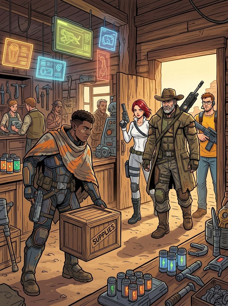 Altir's Fall — page 3 panel 1: At the town docks, Zilla is hauling crates when Captain Knox, Jessie, and Jameson arrive.