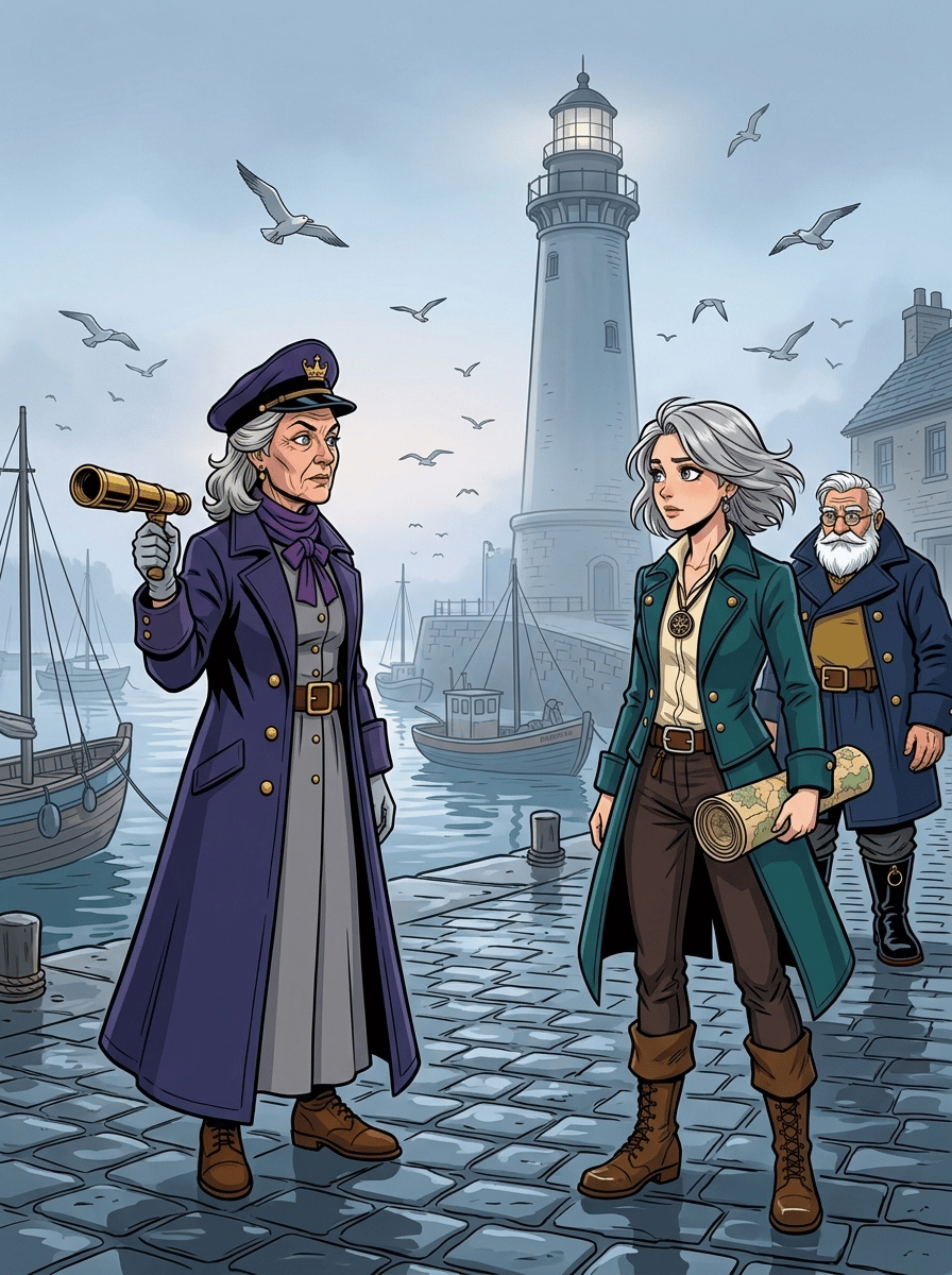 The Moving Sea — page 3 panel 1: Before sunrise, the storm has passed, leaving the harbor wrapped in silver mist. Mira and Tomas stand beneath the lighthouse, while Captain Odessa approaches with her brass telescope and a hard-won decision.