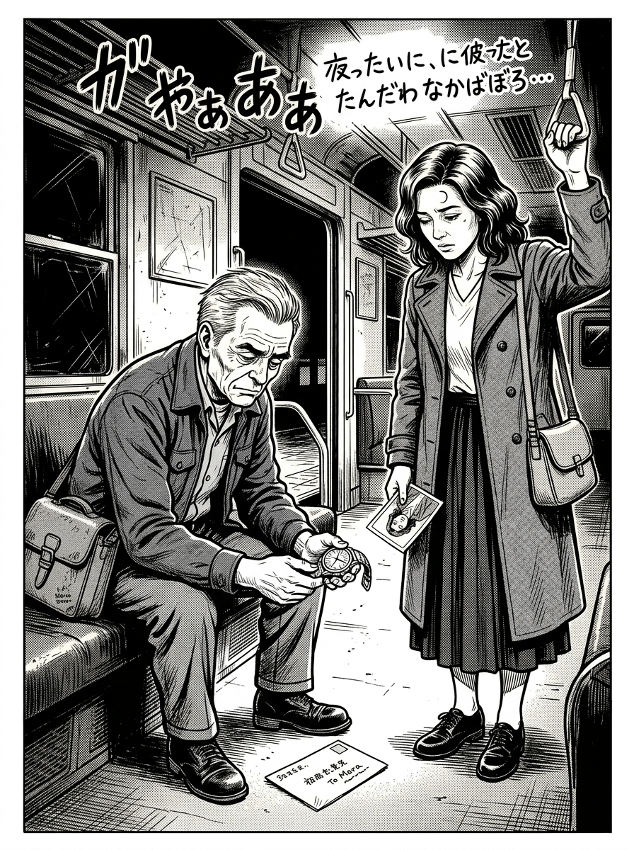 The Last Train — page 3 panel 1: Mara pulls Elias through the open doorway just before the moving train leaves the platform behind. Inside the dim carriage, Elias drops heavily into his seat. Beneath it, his battered satchel brushes against a sealed envelope addressed to Mara.