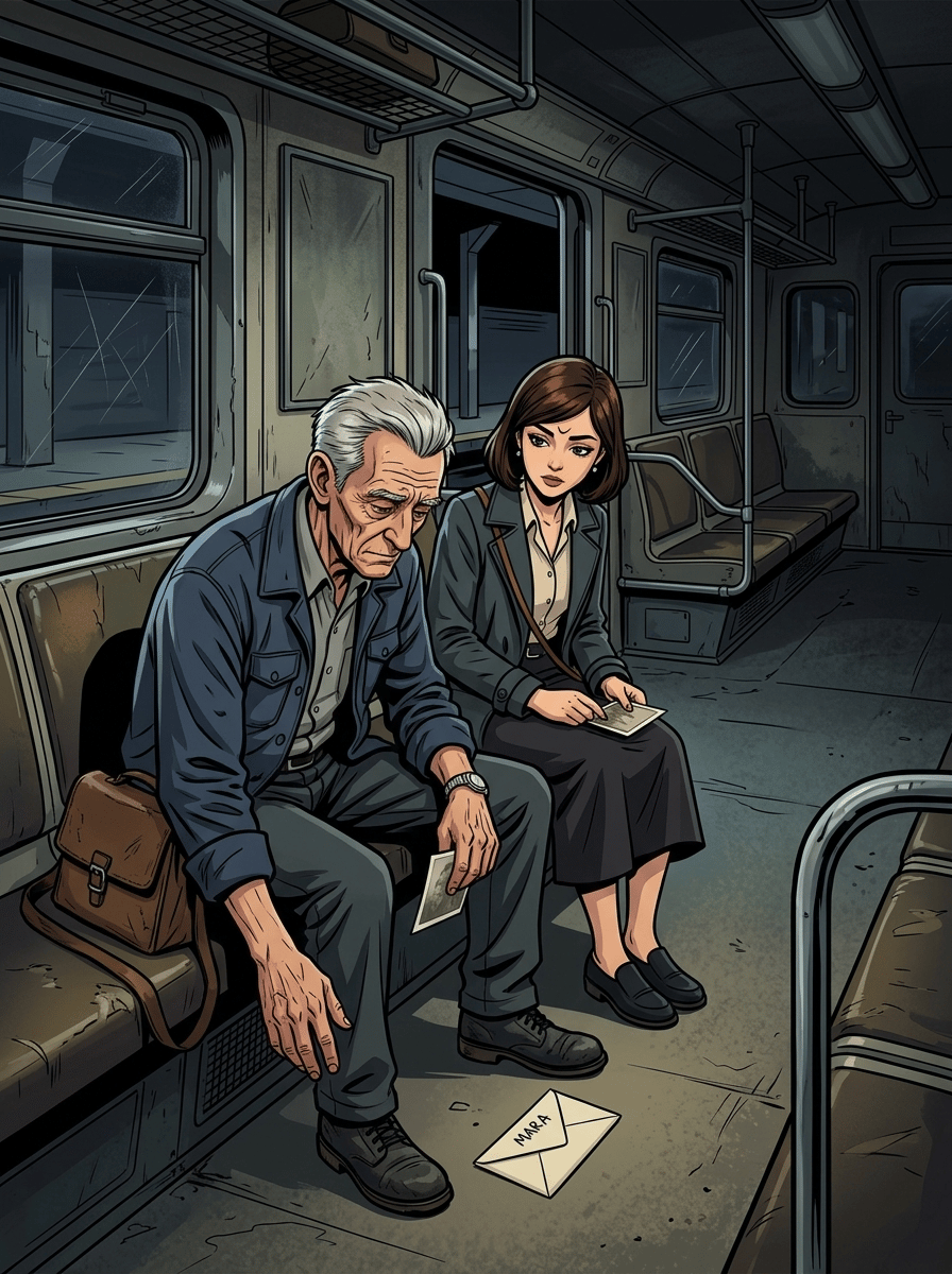 The Last Train — page 3 panel 1: Mara pulls Elias through the open doorway just before the moving train leaves the platform behind. Inside the dim carriage, Elias drops heavily into his seat. Beneath it, his battered satchel brushes against a sealed envelope addressed to Mara.