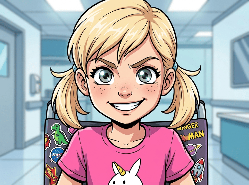The Ghost Leg and the Coming Storm — page 3 panel 2: Emma nods decisively, her small face radiating strength. She's ready to carry her pain, fueled by the dream of a running blade, like an Olympic athlete.