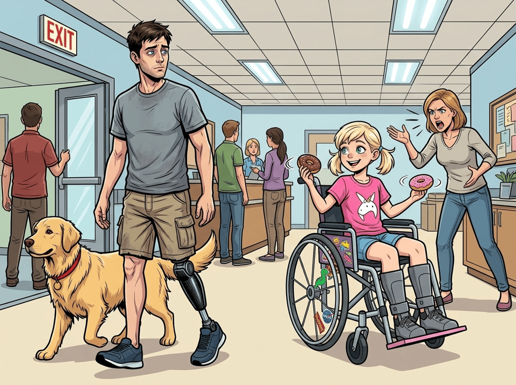 The Ghost Leg and the Coming Storm — page 3 panel 3: Later, Andrew leaves the center, passing Emma who is now joyfully spinning donuts in her wheelchair, her mother yelling to slow down. Andrew feels a pang of envy for her unapologetic movement.