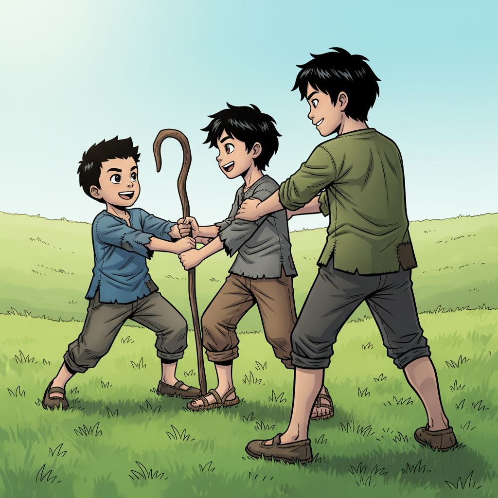 王二小智斗鬼子 — page 3 panel 4: 在一次躲闪中，王二小差点被大牛“捉”到，小明眼疾手快，一把将王二小拉到自己身后，两人相视一笑，默契无间。