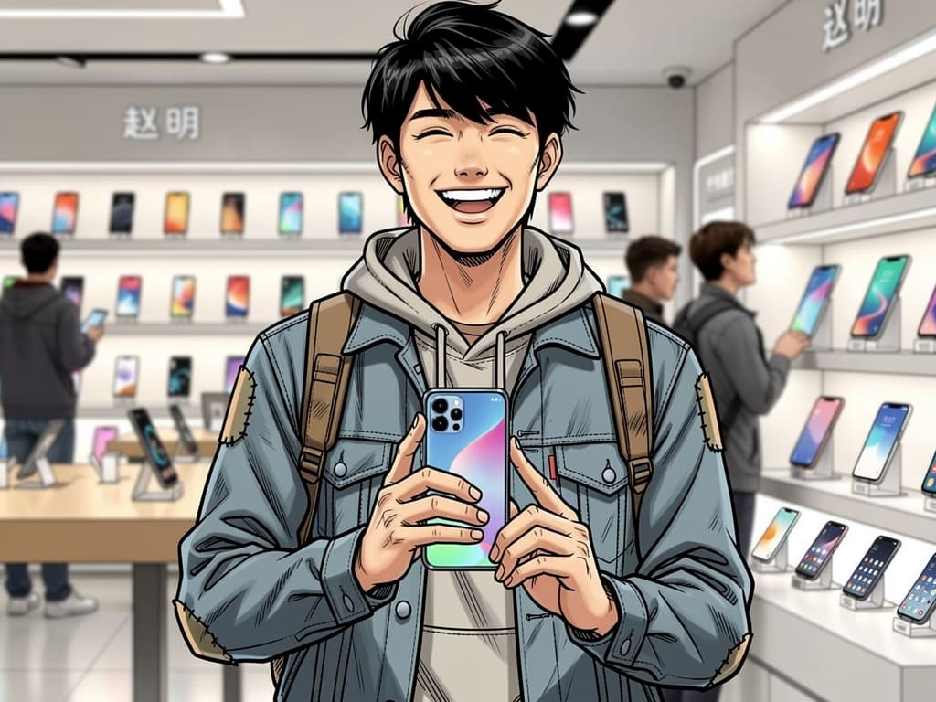 赵明的夏天 — page 3 panel 4: 赵明终于在手机店里,小心翼翼地拿起一部崭新的手机,脸上洋溢着无法抑制的喜悦。
