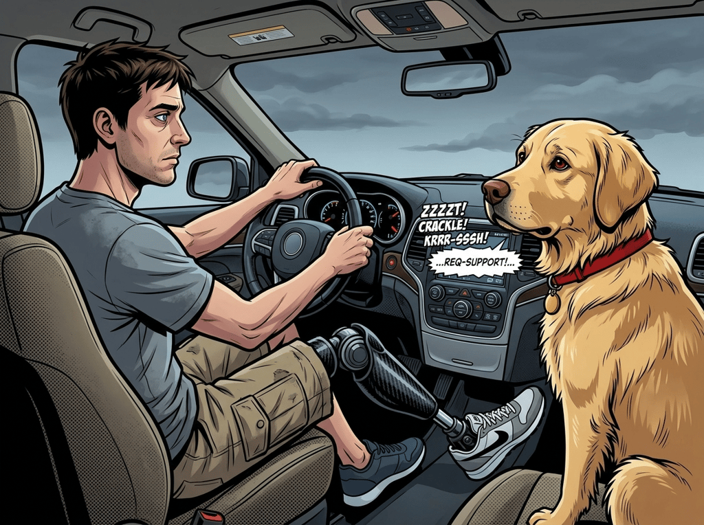 The Ghost Leg and the Coming Storm — page 3 panel 5: Inside his car, Andrew listens to a radio broadcast announcing a mandatory evacuation for Hurricane Milton. Watson is rigid, his head moving in a pattern: sky, then Andrew's right leg, then sky again, as if comparing two signals.