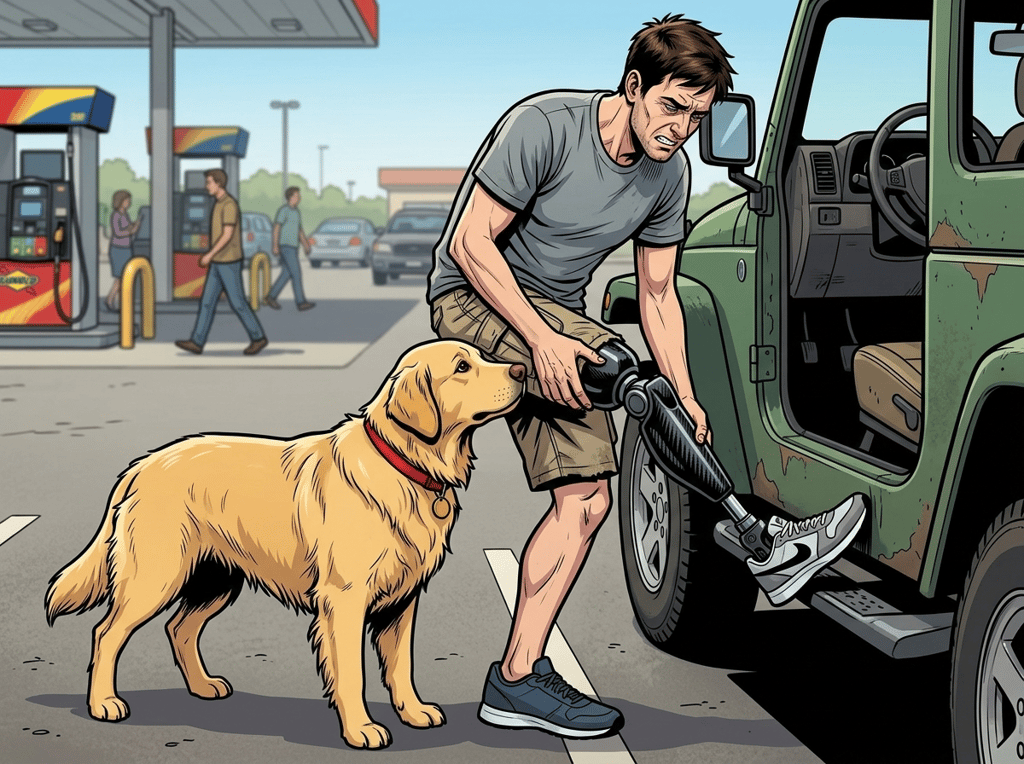 The Ghost Leg and the Coming Storm — page 3 panel 6: Andrew pulls into a Sunoco parking lot to adjust his prosthetic. The carbon fiber foot catches the door sill, causing a dull, mechanical ache. Watson noses Andrew's leg, not for comfort, but with an alert, careful intensity, as if checking something.
