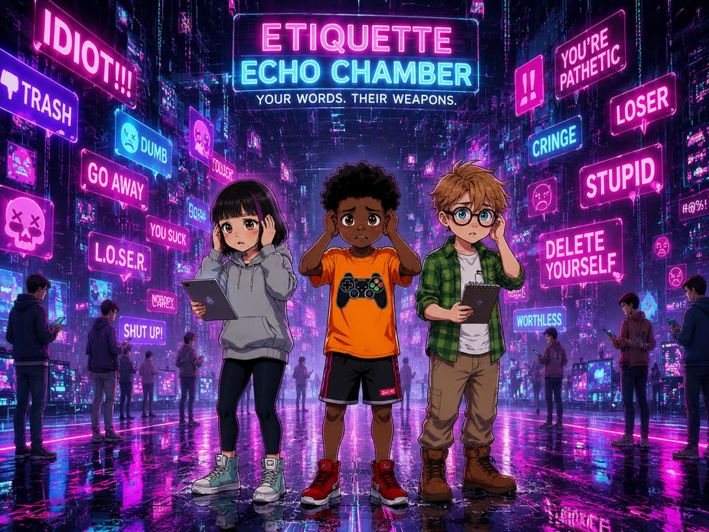 The Digital Defenders: CIVIX Adventure: página 4, viñeta 1: They enter the 'Etiquette Echo Chamber,' where rude, harsh comments bounce and multiply, creating a cacophony of negativity. The friends wince.