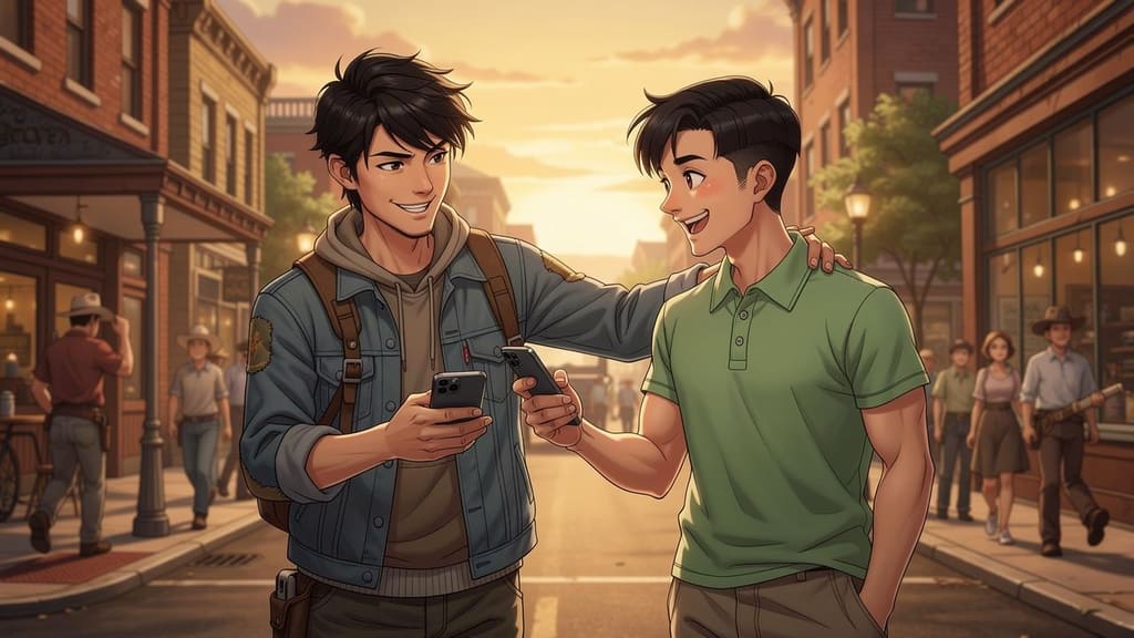 赵明的夏天 — page 4 panel 1: 赵明在街边向小李展示他的新手机,小李为他感到高兴,拍了拍他的肩膀。