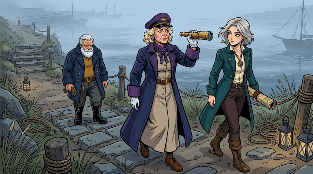 The Moving Sea — page 4 panel 1: The three companions walk down toward the harbor. Mira keeps one hand on her map tube, Tomas carries a storm lantern, and Captain Odessa leads without looking back.