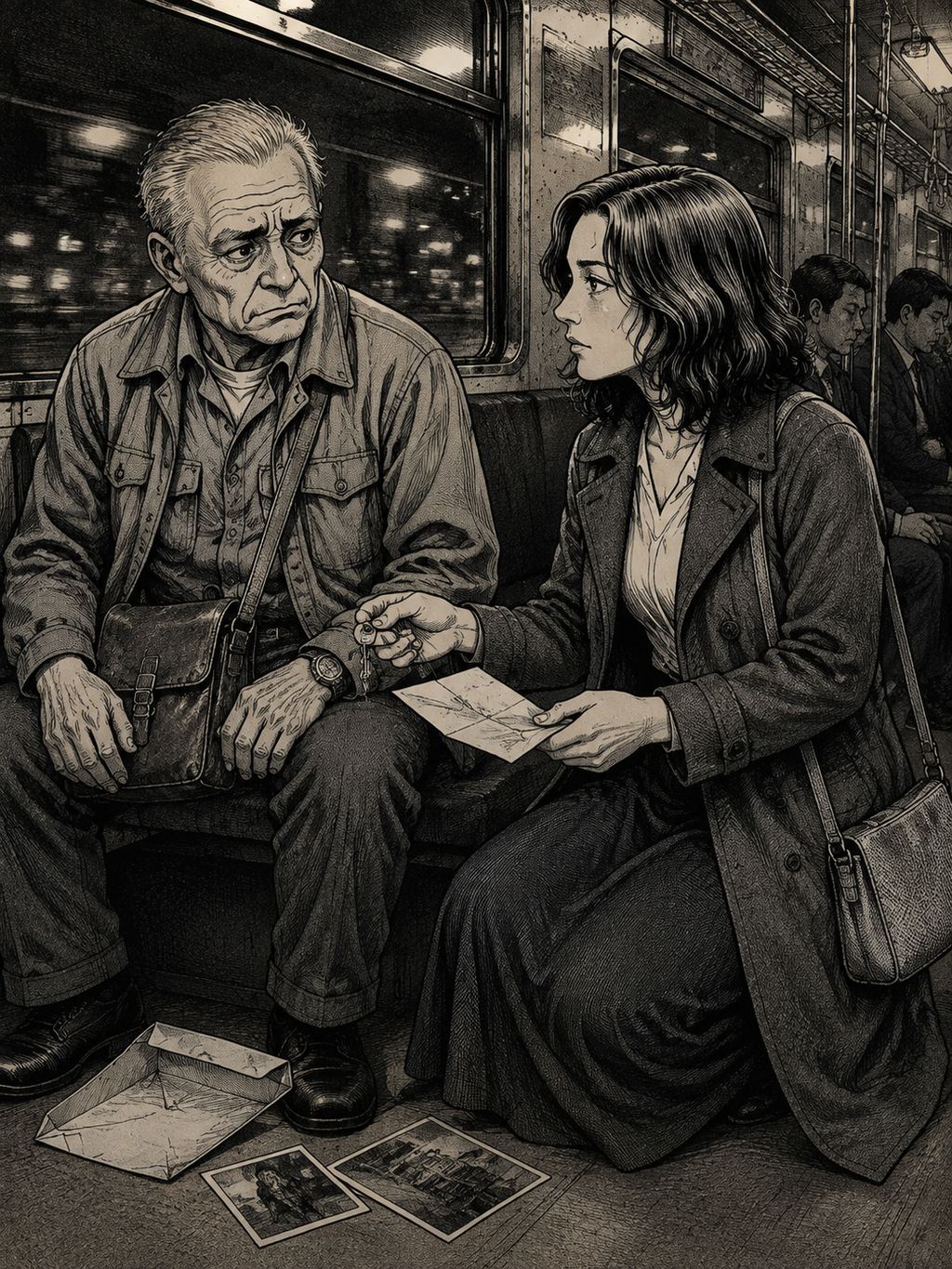 The Last Train — page 4 panel 1: Inside the dimly moving last train, Mara kneels beside Elias's seat and retrieves the sealed envelope from beneath it. She turns it over, seeing her name handwritten across the front, then carefully opens it. A small metal key slips into her palm beside a folded warning written in the unmistakable handwriting of Elias's estranged wife. Elias watches from the left, his face tightening with shame and fear. The train windows show blurred streetlamps and darkness, while their two fading photographs rest near their knees.
