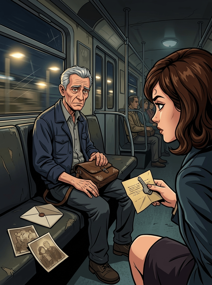 The Last Train — page 4 panel 1: Inside the dimly moving last train, Mara kneels beside Elias's seat and retrieves the sealed envelope from beneath it. She turns it over, seeing her name handwritten across the front, then carefully opens it. A small metal key slips into her palm beside a folded warning written in the unmistakable handwriting of Elias's estranged wife. Elias watches from the left, his face tightening with shame and fear. The train windows show blurred streetlamps and darkness, while their two fading photographs rest near their knees.