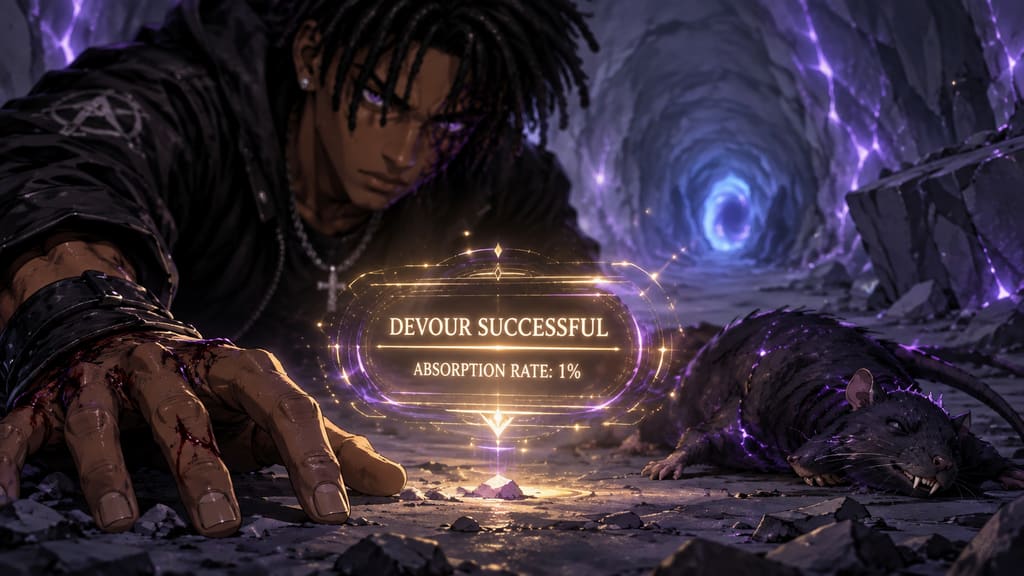 ZERO RANK — Episode 1: Rank Zero — page 4 panel 1: Silence returns to the cavern. Malik kneels beside the defeated Fang Rat, blood running down his arm as the system confirms the absorption.
